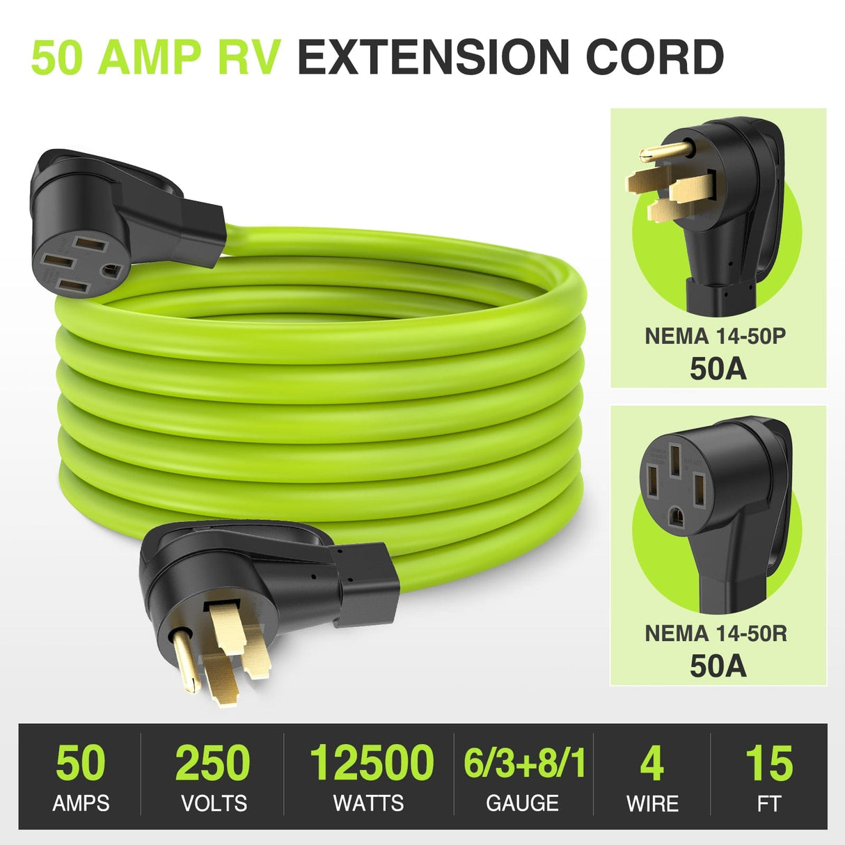 50Amp 15FT RV EV Extension Cord Bright Green