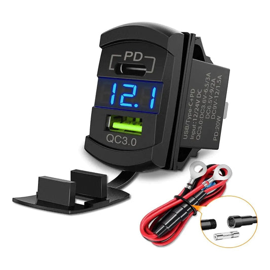 Blue Rocker Switch Style Charger PD Type C QC 3.0 USB Nilight