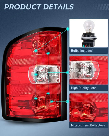 2007-2014 Chevy Silverado 1500 2500HD 3500HD 2007-2013 GMC Sierra 3500HD Taillight Assembly Rear Lamp w/Bulbs and Harness Driver Side Nilight