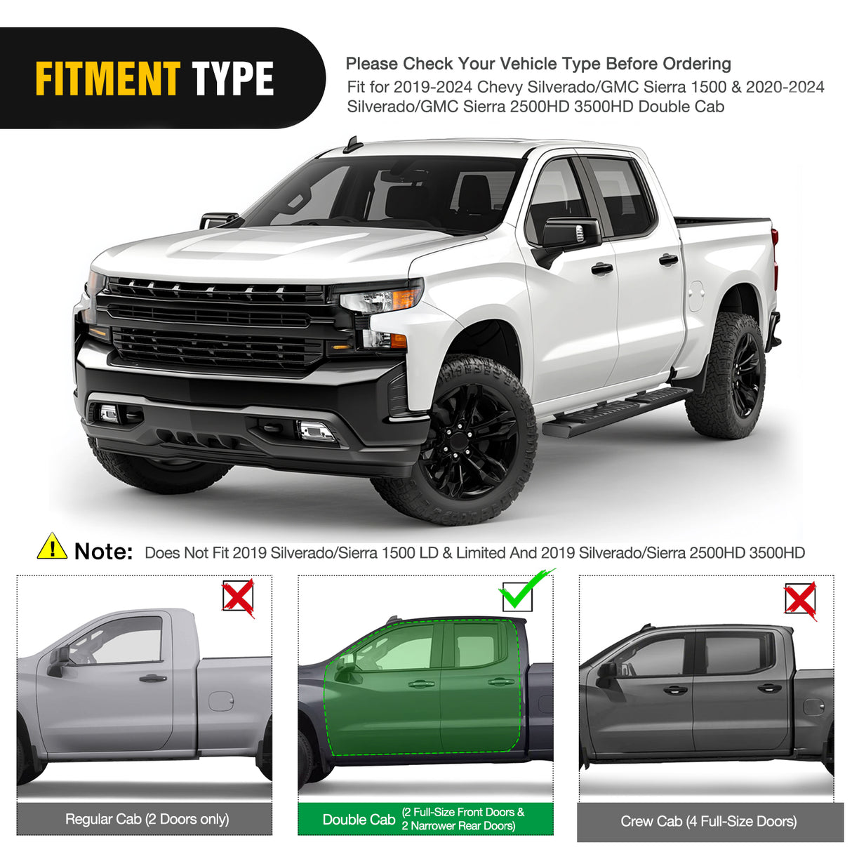 2019-2024 Chevy Silverado/GMC Sierra 1500 Double Cab 2020-2024 Silverado/GMC Sierra 2500HD 3500HD 6 Inch Aluminum Bolt-on Powder Coated Side Step Nerf Bars Running Boards