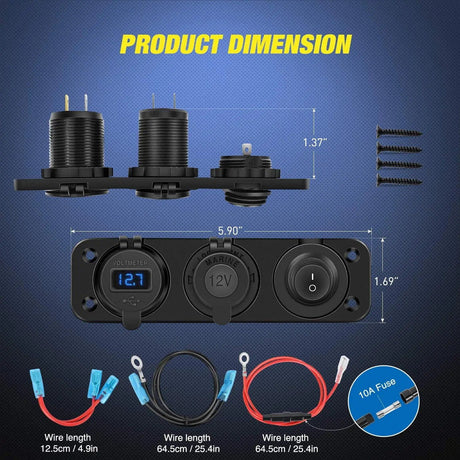 Rocker Switch 4 in 1 ON/OFF Blue Charger Socket Panel w/ Dual QC 3.0 USB Voltmeter Cigarette