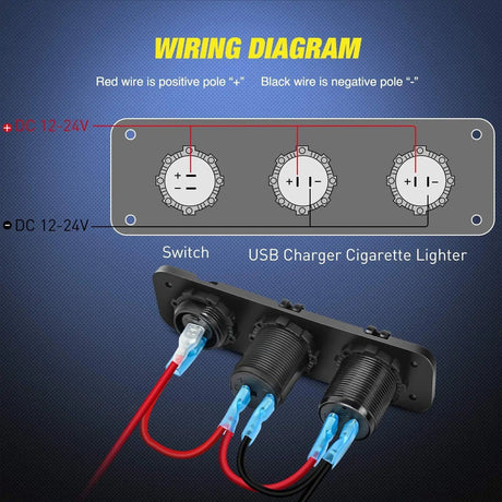 Rocker Switch 4 in 1 ON/OFF Blue Charger Socket Panel w/ Dual QC 3.0 USB Voltmeter Cigarette