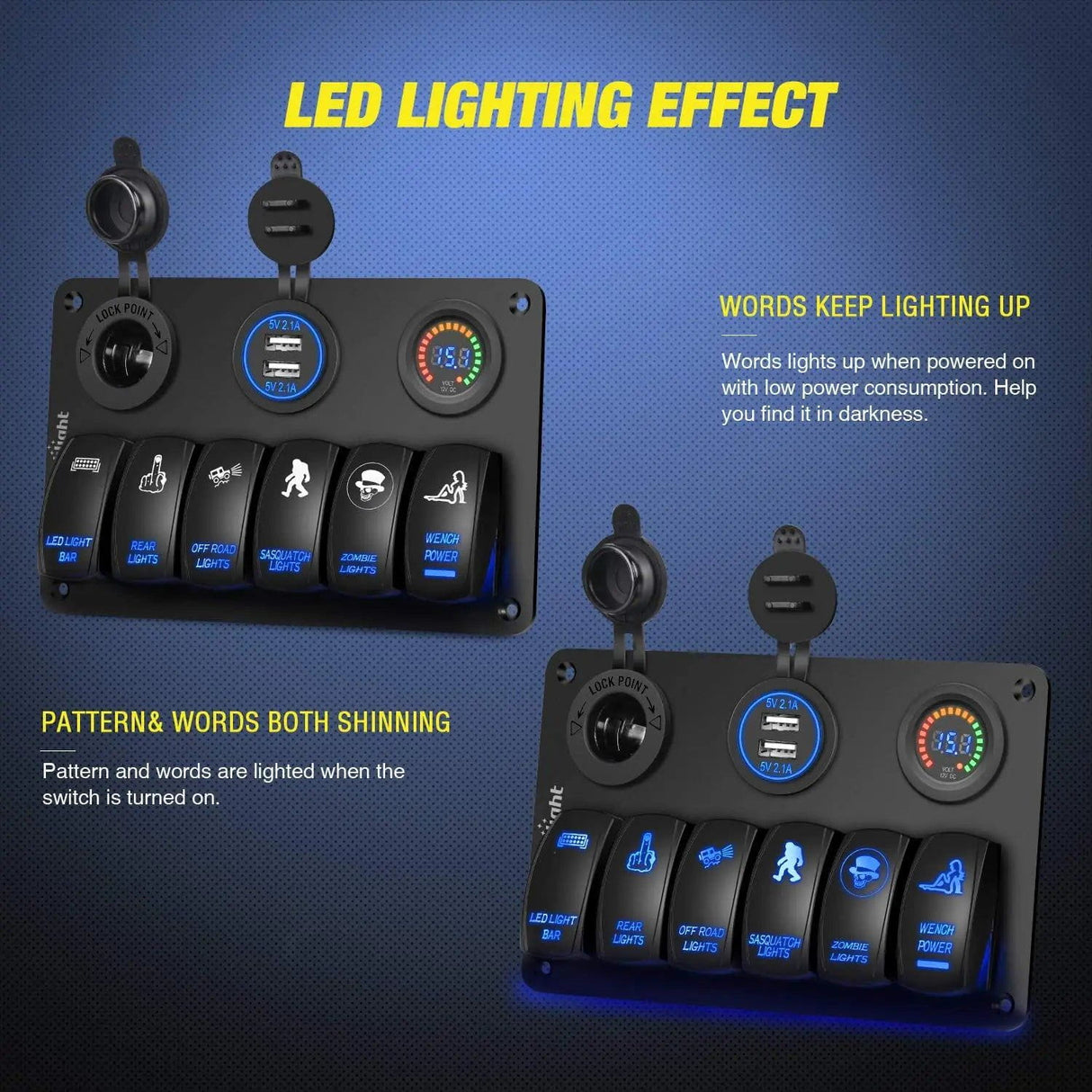 Rocker Switch 6Gang Aluminum Laser ON/Off Blue Rocker Switch Panel w/ Dual USB Charger Cigarette Voltmeter