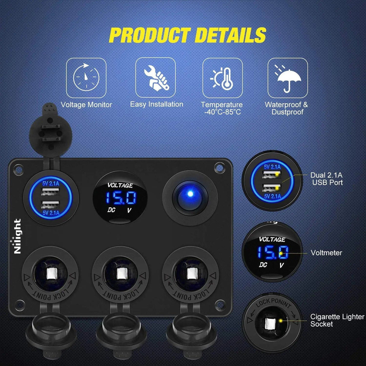 Rocker Switch 3 Cigarette Socket Switch Panel w/ Dual USB Charger LED Voltmeter