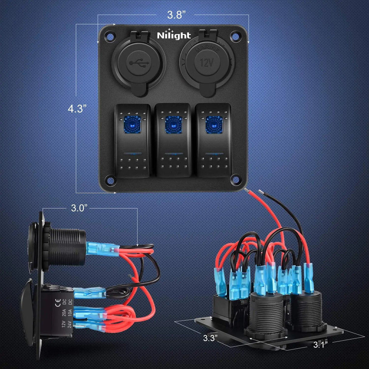 switch panel 3Gang Aluminum 5Pin ON/Off Blue Rocker Switch Panel w/ Dual USB Charger | Cigarette Lighter Socket