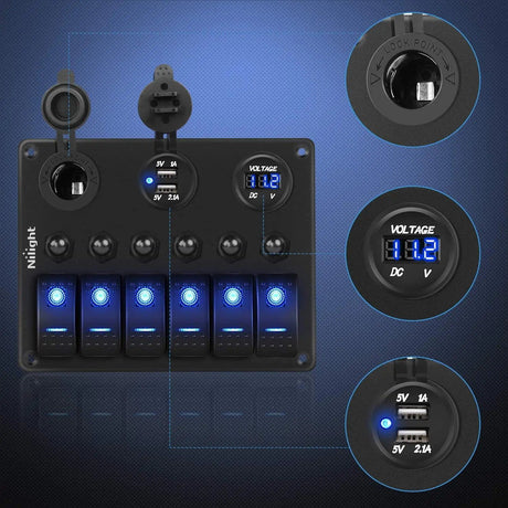 Rocker Switch 6Gang ON/Off Blue Rocker Switch Panel w/ Dual USB Cigarette Lighter Socket Voltmeter