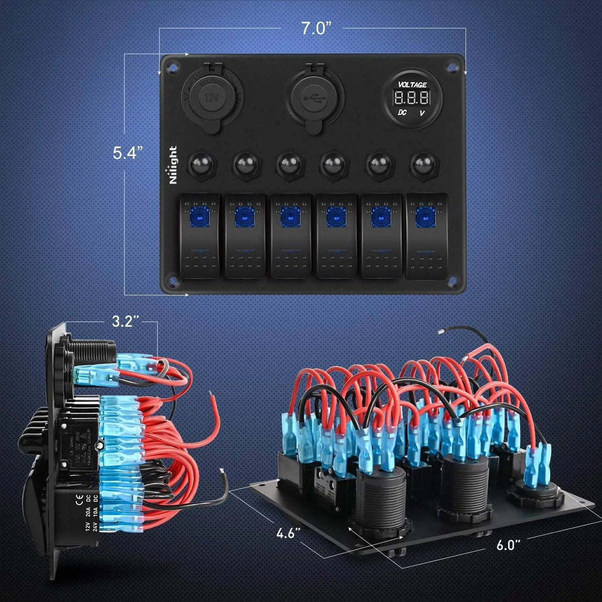 Rocker Switch 6Gang ON/Off Blue Rocker Switch Panel w/ Dual USB Cigarette Lighter Socket Voltmeter