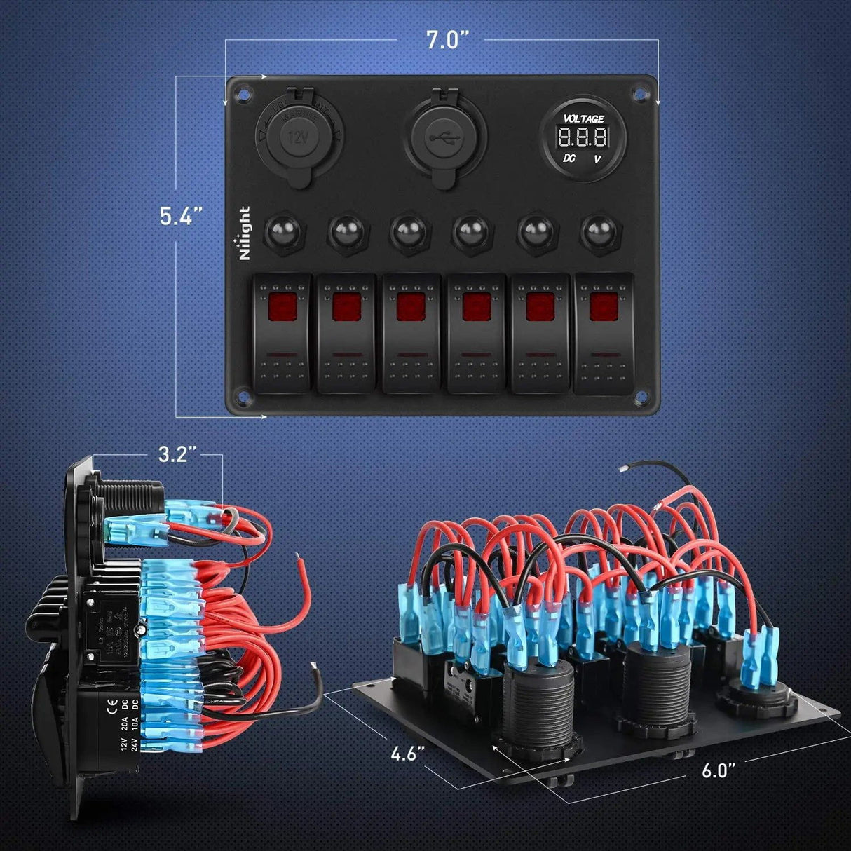 switch panel 6Gang ON/Off Red Rocker Switch Panel w/ Dual USB Cigarette Lighter Socket Voltmeter