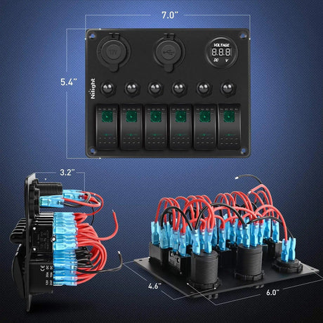 Rocker Switch 6Gang ON/Off Green Rocker Switch Panel w/ Dual USB Cigarette Lighter Socket Voltmeter