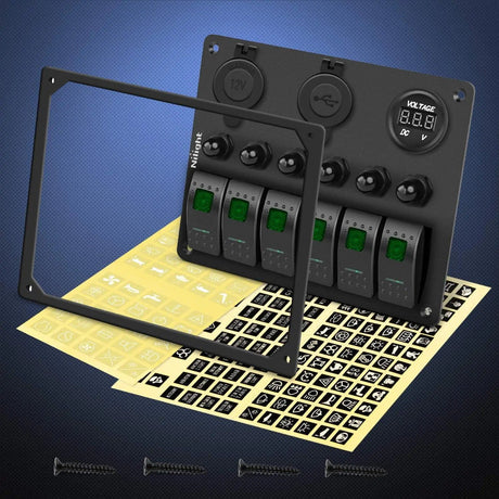Rocker Switch 6Gang ON/Off Green Rocker Switch Panel w/ Dual USB Cigarette Lighter Socket Voltmeter