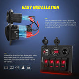 Rocker Switch 4Gang ON/Off Red Rocker Switch Panel w/ Dual USB Cigarette Lighter Socket Voltmeter