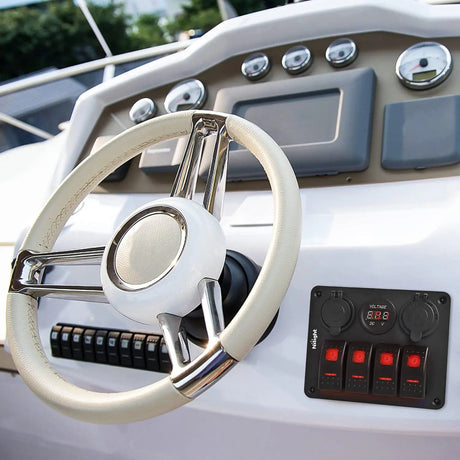 Rocker Switch 4Gang ON/Off Red Rocker Switch Panel w/ Dual USB Cigarette Lighter Socket Voltmeter