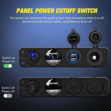 switch panel 4 in 1 ON/OFF Blue Charger Socket Panel w/ Dual USB Voltmeter Cigarette