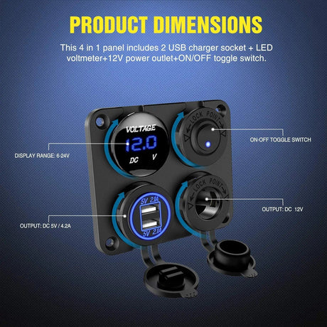 switch panel 4 in 1 ON/OFF Charger Socket Panel w/ Dual USB Voltmeter Cigarette