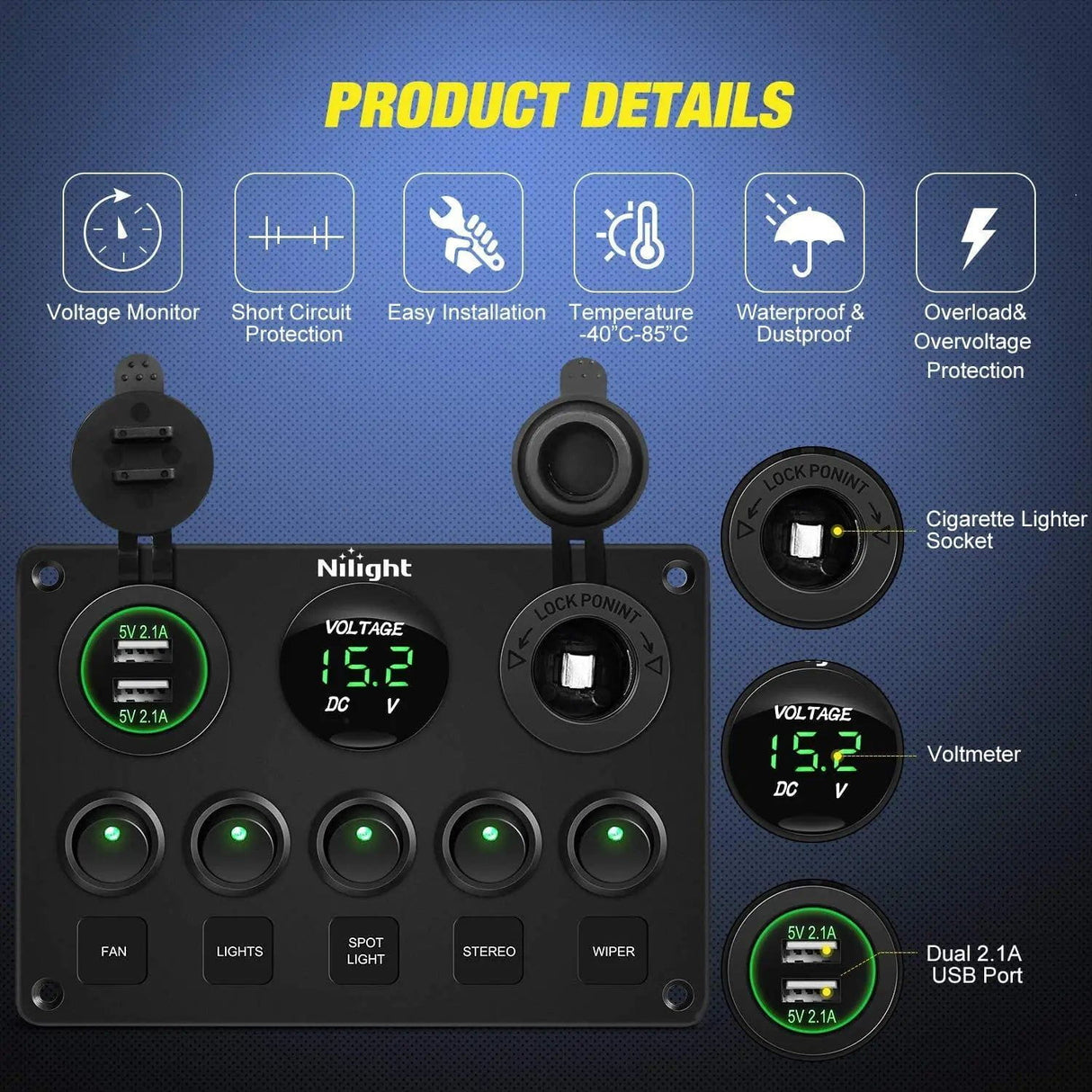 Accessories 5Gang Green Rocker Switch Panel w/ Dual USB Voltmeter Fuse