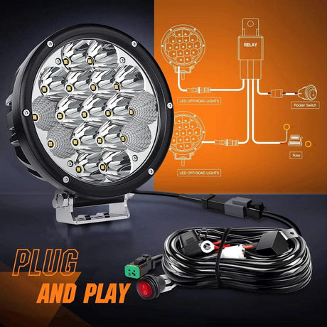 LED Work Light 7" 85W 10200LM Round Spot/Flood Built-in EMC LED Work Lights (Pair) | 14AWG DT Wire