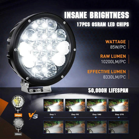 LED Work Light 7" 85W 10200LM Round Spot/Flood Built-in EMC LED Work Lights (Pair) | 14AWG DT Wire