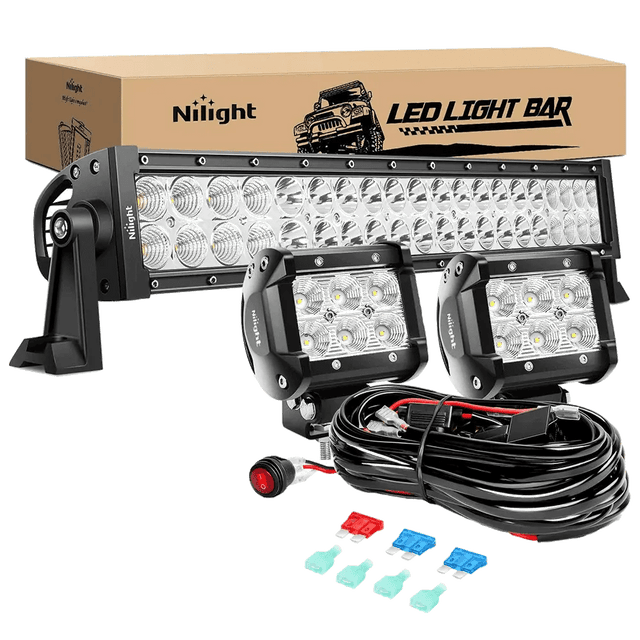 LED Light Bar 22" 120W Double Row Spot/Flood LED Light Bar | 2Pcs 4" 18W Flood LED Pods | 16AWG Wire 3Pin Switch