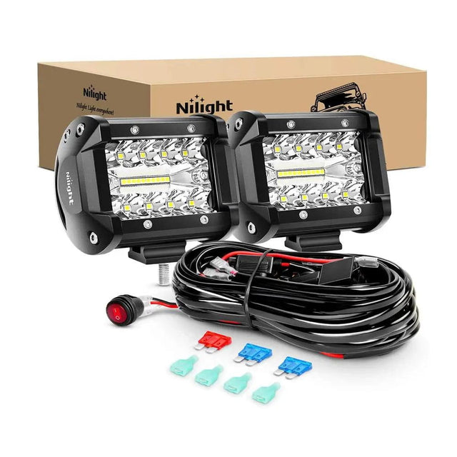 LED Light Bar 4" 60W Triple Row Spot/Flood LED Work Light Pods | 12FT Wire 3Pin Switch