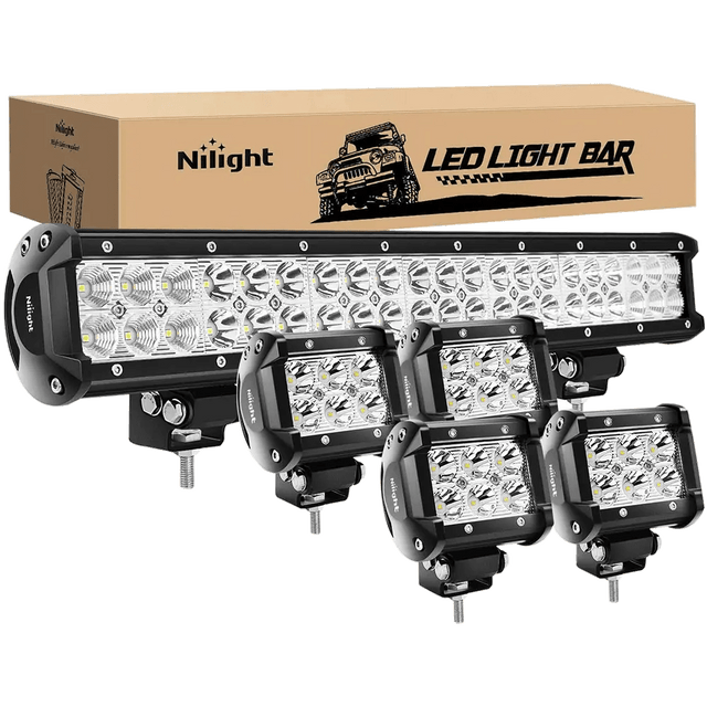 Light Bundle 20" 126W Double Row Spot/Flood Led Light Bar Kit | 4Pcs 4" 18W Spot Light Pods