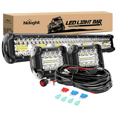 Light Bundle 20" 420W Triple Row Spot/Flood Led Light Bar | 2Pcs 4" 60W Triple Row Combo Light Pods | 16AWG Wire 3Pin Switch 3 Leads