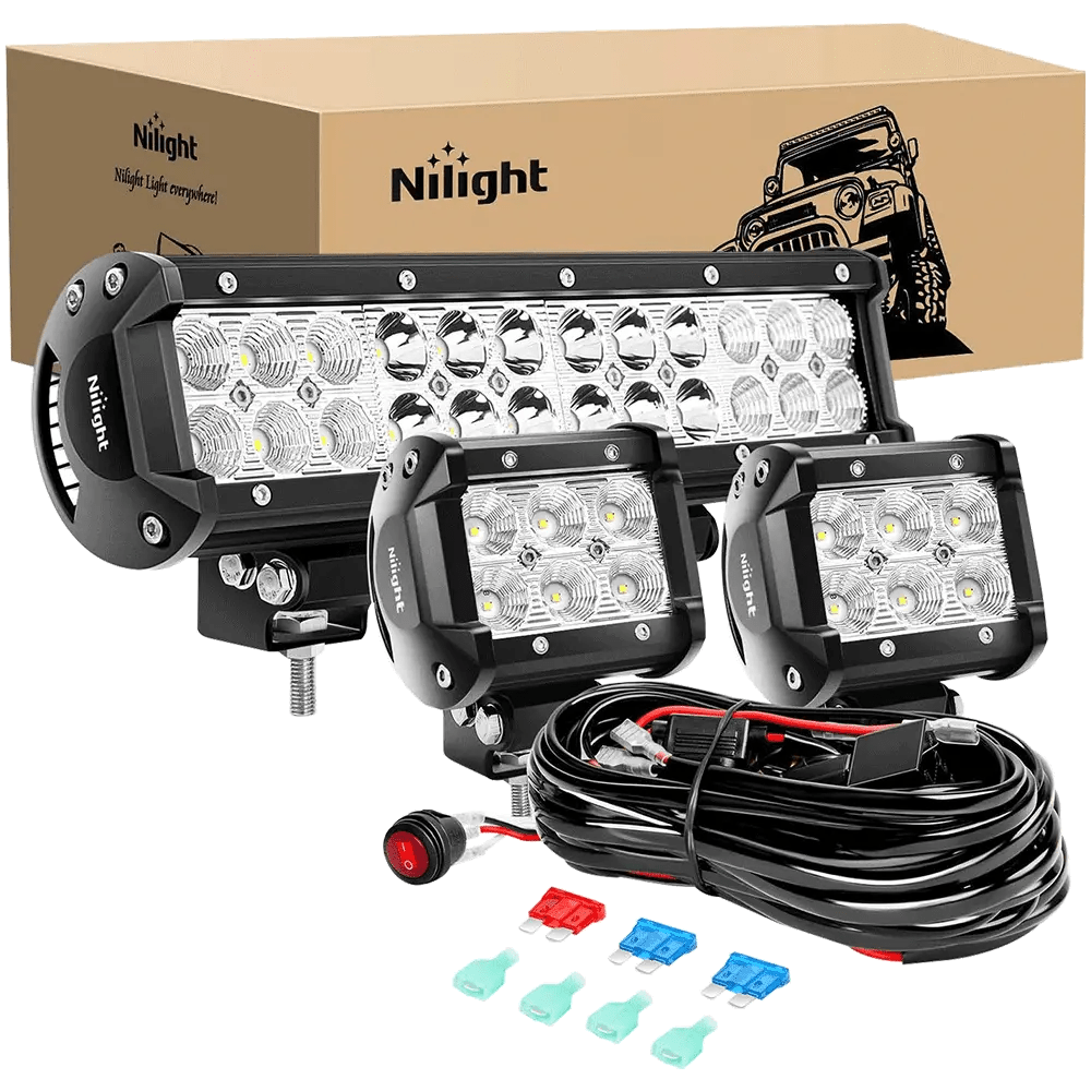 Light Bar Wiring Kit 12" 72W Double Row Spot/Flood Led Light Bar | 4" 18W Flood LED Pods (Pair) | 10FT Wire 3Pin Switch