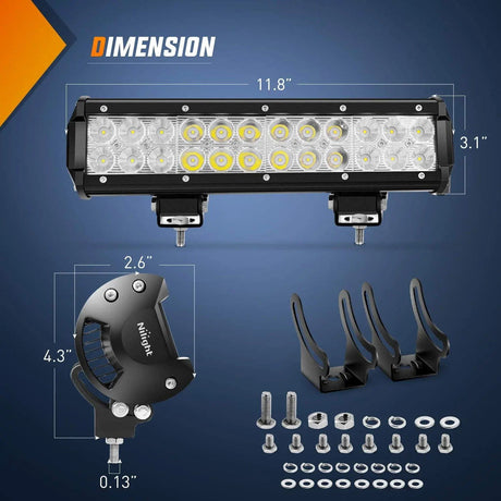 Light Bar Wiring Kit 12" 72W Double Row Spot/Flood Led Light Bar | Horizontal Tube Clamp Mount | 12FT Wire 3Pin Switch