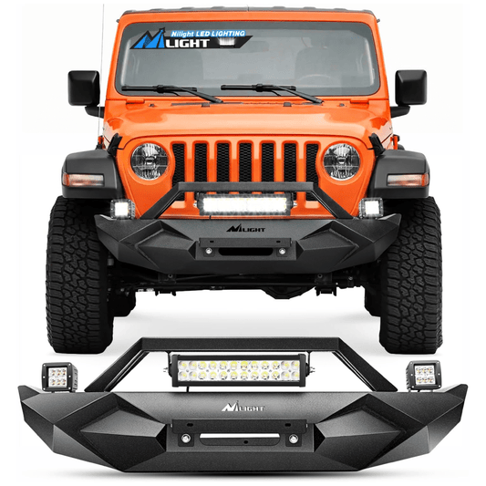 Front Bumper w/Winch Plate Compatible for 2018-2024 Jeep Wrangler JL with 72W LED light bar 2 x 18W LED Work Light Pod License plate