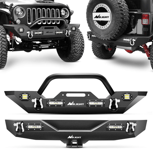 Front + Rear Combo Compatible for 2007-2018 Jeep Wrangler JK,Rock Crawler Bumper with Hitch Receiver & Nilight Upgraded LED Lights Off Road Textured Black