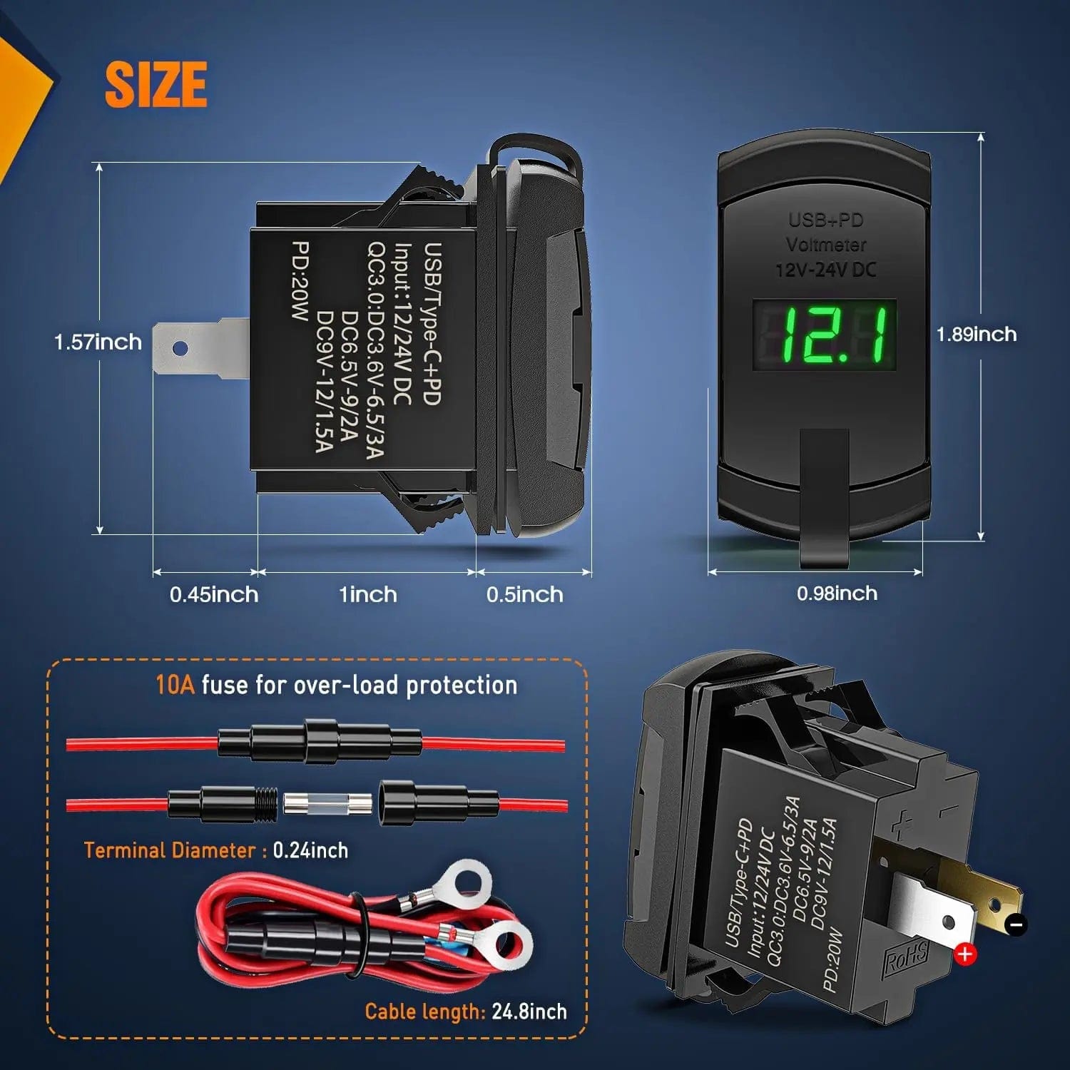 Green Rocker Switch Style Charger PD Type C QC 3.0 USB Nilight