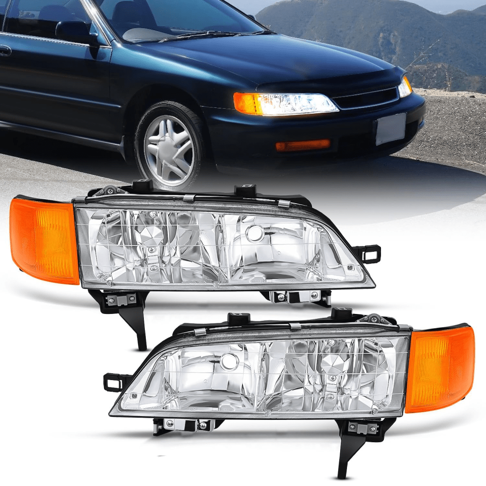 Headlight Assembly Headlight Assembly Compatible with 1994 1995 1996 1997 Honda Accord Chrome Housing Amber Reflector Clear Lens Headlights Assembly Replacement Driver and Passenger Side