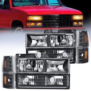 Headlight Assembly for 1994 1995 1996 1997 1998 GMC Suburban Yukon Sierra C/K Series 1500 2500 3500 Replacement Headlamp Black Housing Amber Reflector Bumper Corner Lamp