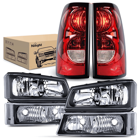 2003-2006 Chevy Silverado 1500 1500HD 2500 2500HD 3500 2007 Chevy Silverado 1500 2500 3500 Classic OE Style Black Housing Clear Reflector Headlight Taillight Assembly Nilight