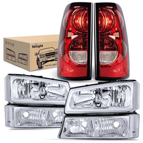 2003-2006 Chevy Silverado 1500 1500HD 2500 2500HD 3500 2007 Chevy Silverado 1500 2500 3500 Classic OE Style Chrome Housing Clear Reflector Headlight Taillight Assembly Nilight