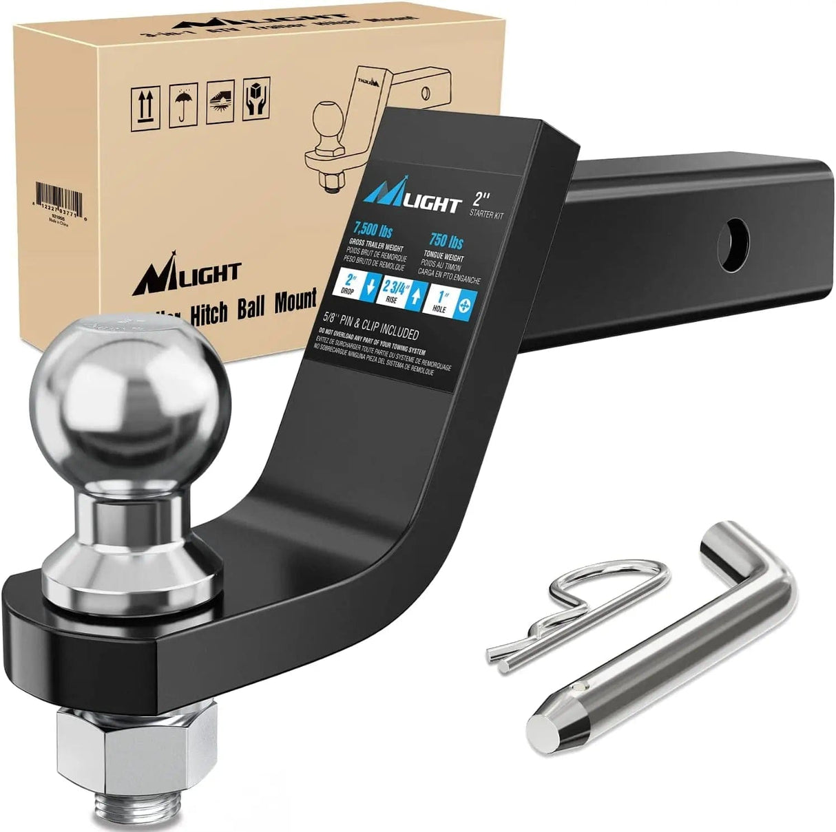 Hitch Ball Mount with 2 Inch Ball (2 Inch Shank, 7500 lbs, 4 Inch Drop) Nilight Led Light