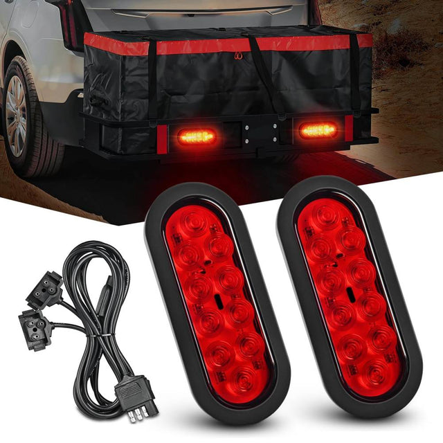 6 Inch Oval Red LED Trailer Tail Lights W/ Flush Mount Grommets Wire Harness (Pair) Nilight