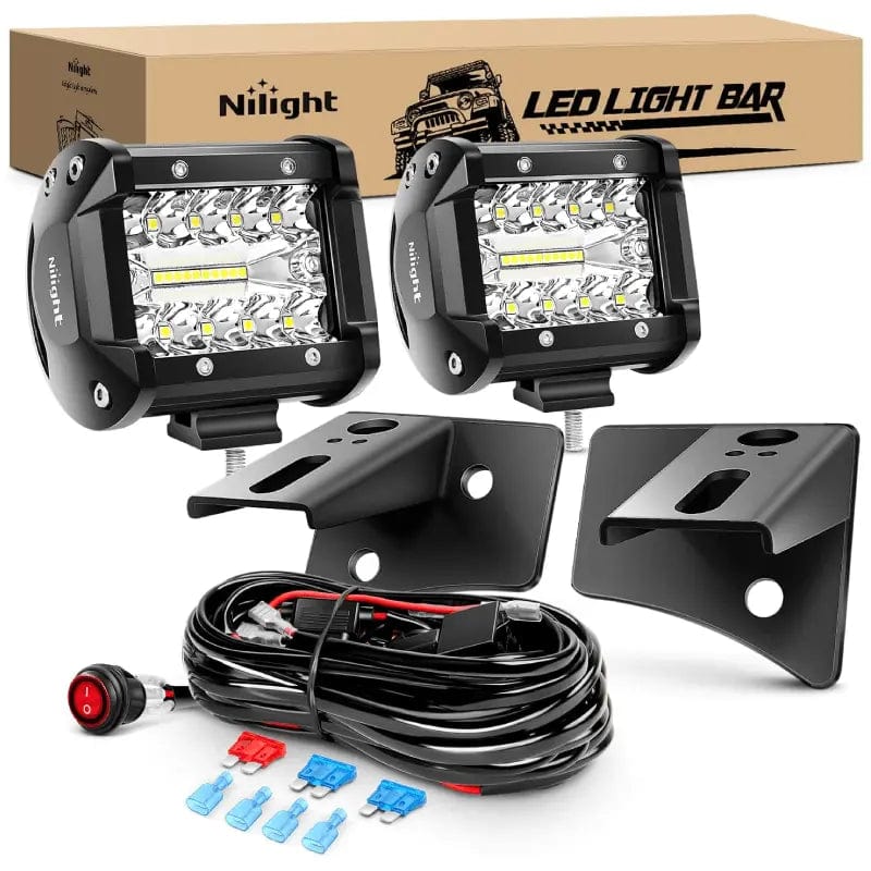 4 Inch 60W Triple Row Spot Flood LED Pods (Pair) | 16AWG Wire 3Pin Switch | Windshield Hinge Mount for 2007-2017 Wrangler JK/JKU 2DR 4DR Nilight