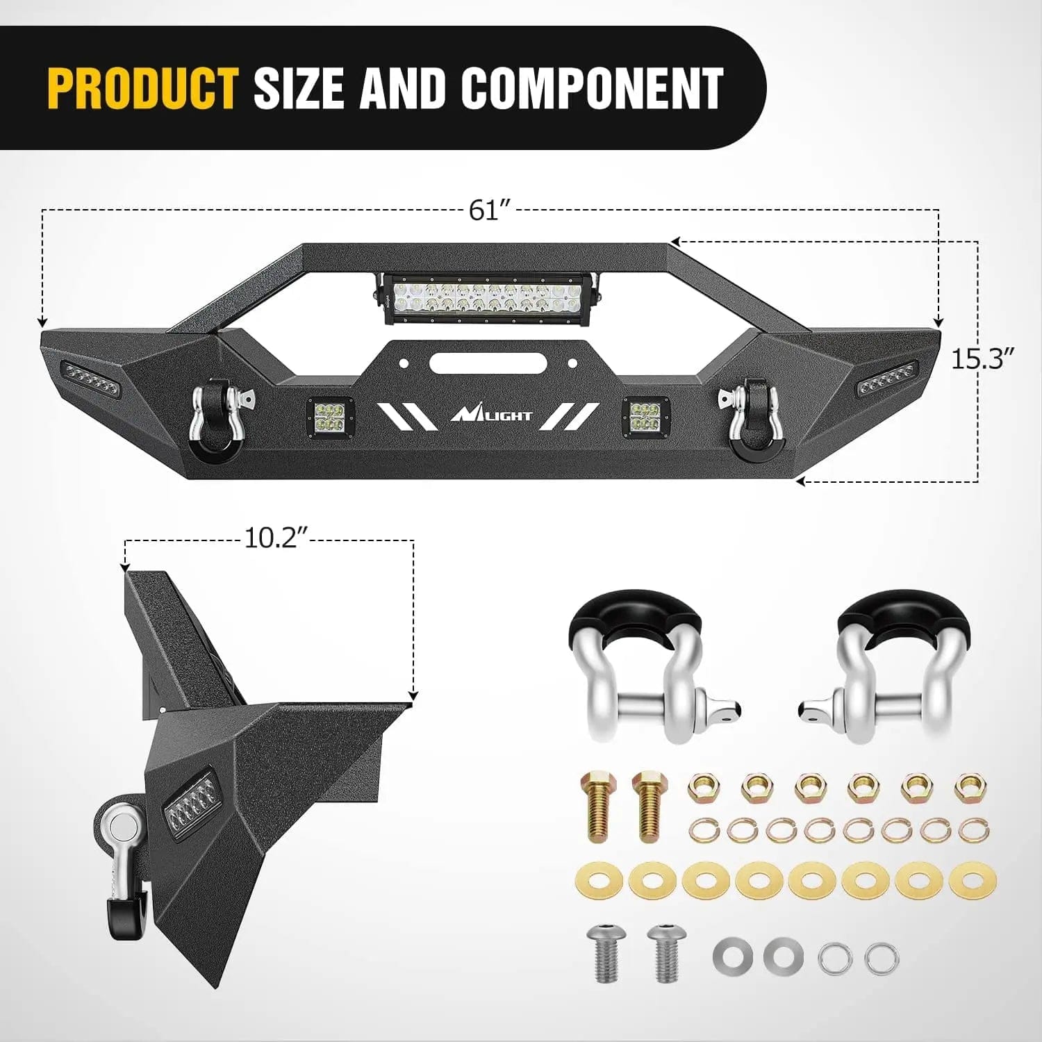 2007-2018 Wrangler JK/JKU 2018-2022 JL/JLU 2020-2022 Gladiator JT Front Bumper with 72W LED Light Bar 2Pcs 18W Light Pod 2Pcs 18W Single Row Work Light Winch Plate Nilight