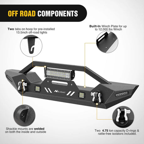 2007-2018 Wrangler JK/JKU 2018-2022 JL/JLU 2020-2022 Gladiator JT Front Bumper with 72W LED Light Bar 2Pcs 18W Light Pod 2Pcs 18W Single Row Work Light Winch Plate Nilight