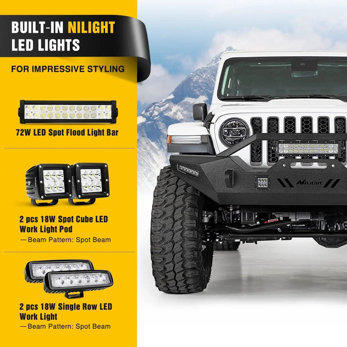 2007-2018 Wrangler JK/JKU 2018-2022 JL/JLU 2020-2022 Gladiator JT Front Bumper with 72W LED Light Bar 2Pcs 18W Light Pod 2Pcs 18W Single Row Work Light Winch Plate Nilight