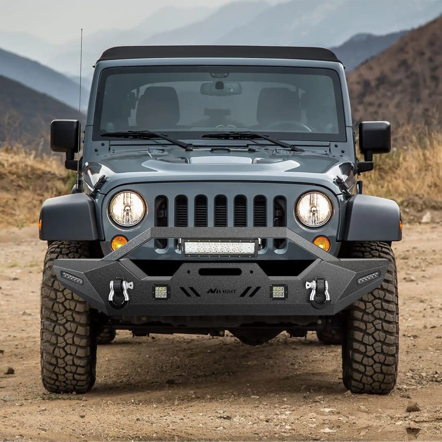 2007-2018 Wrangler JK/JKU 2018-2022 JL/JLU 2020-2022 Gladiator JT Front Bumper with 72W LED Light Bar 2Pcs 18W Light Pod 2Pcs 18W Single Row Work Light Winch Plate Nilight