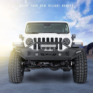 2007-2018 Wrangler JK/JKU 2018-2022 JL/JLU 2020-2022 Gladiator JT Front Bumper with 72W LED Light Bar 2Pcs 18W Light Pod 2Pcs 18W Single Row Work Light Winch Plate Nilight