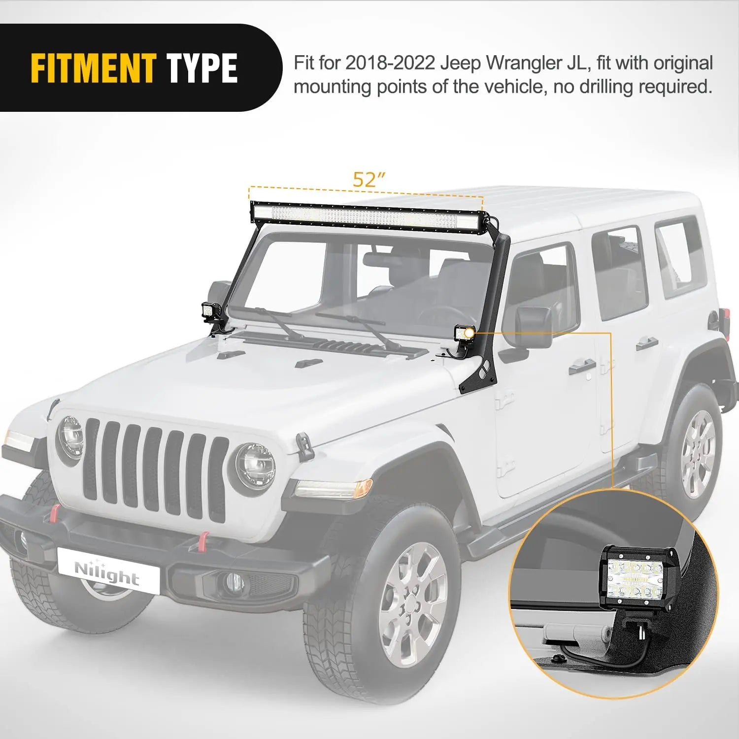 52 Inch LightBar and Light Pods Windshield Frame A-Pillar Mounts for 2018-2024 Jeep Wrangler JL/JLU Gladiator JT Nilight