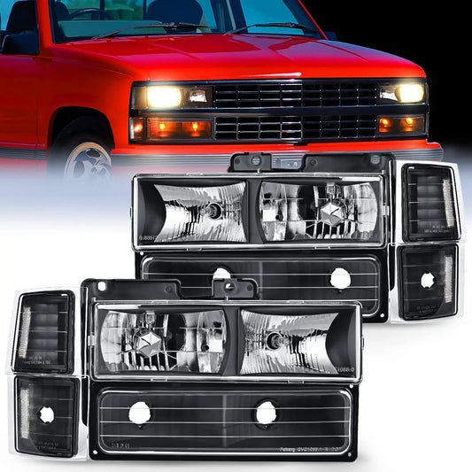 1994-1998 Chevy Silverado Tahoe Suburban C10 C/K 1500 2500 3500 Headlight Assembly Black Case Clear Reflector Nilight