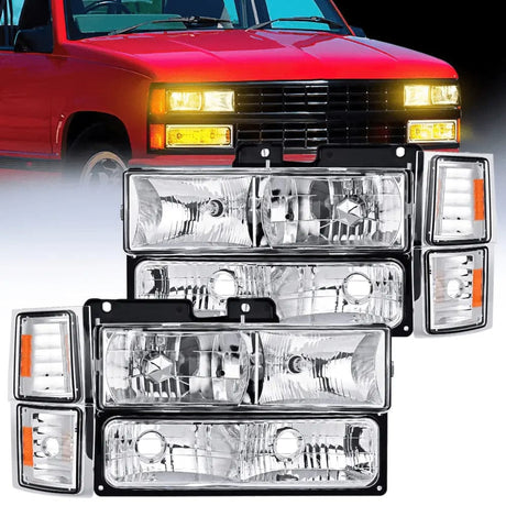 1994-1998 GMC Suburban Yukon Sierra C/K Series 1500 2500 3500 Headlight Assembly Chrome Case Amber Reflector Nilight