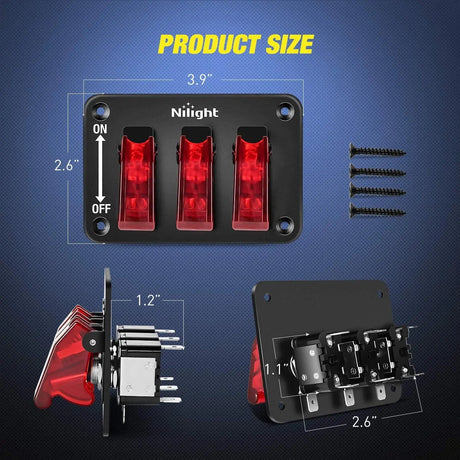 Rocker Switch 3Gang 3Pin SPST ON/Off Red Rocker Switch Panel w/ LED Light Flip Cover