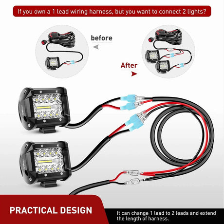 Wiring Harness Kit 2PCS 16AWG 3FT Wire Extension Kit 1 lead to 2 leads For LED Light Bar/Led Pods/LED Work Light