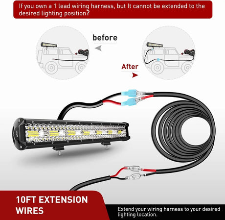 2PCS 12AWG 10FT Wire Extension Kit For LED Light Bar/Led Pods/LED Work Light Nilight