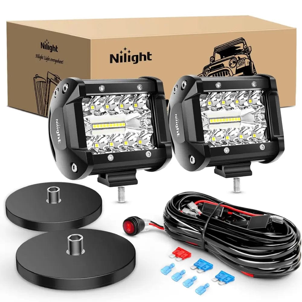 4 Inch 60W Triple Row Spot Flood LED Pods (Pair) W/ Magnetic Base | 16AWG Wire 3Pin Switch Nilight