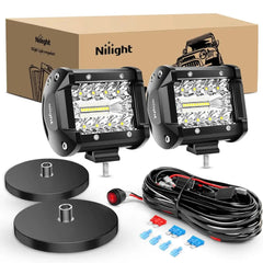 4 Inch 60W Triple Row Spot Flood LED Pods (Pair) W/ Magnetic Base | 16AWG Wire 3Pin Switch